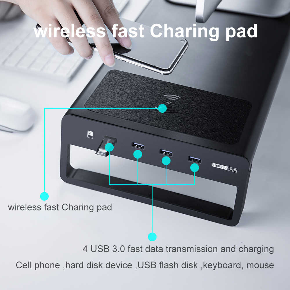 Βάση για Οθόνη Υπολογιστή Η/Υ, 4x USB HUB & Ασύρματος Φορτιστής Fast Charge Vaydeer - Μαύρο Αλουμινίου